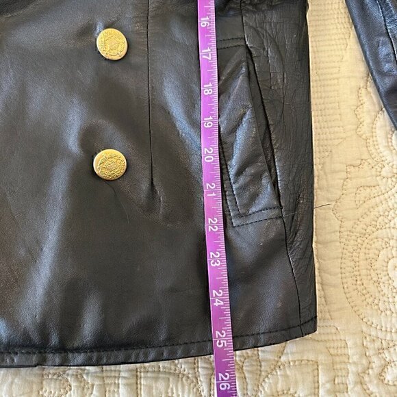 100% LEATHER gorgeous classic vintage 90s gold button blazer stretch women M - Picture 13 of 14